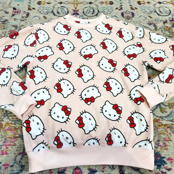Sanrio Women's Tops Pink Hello Kitty Graphic Faces Crew Neck Sweatshirt, sz XS - Picture 1 of 13